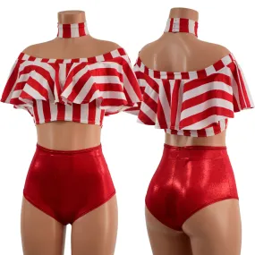 3PC Red and White Striped Top, Choker, and Siren Shorts Set