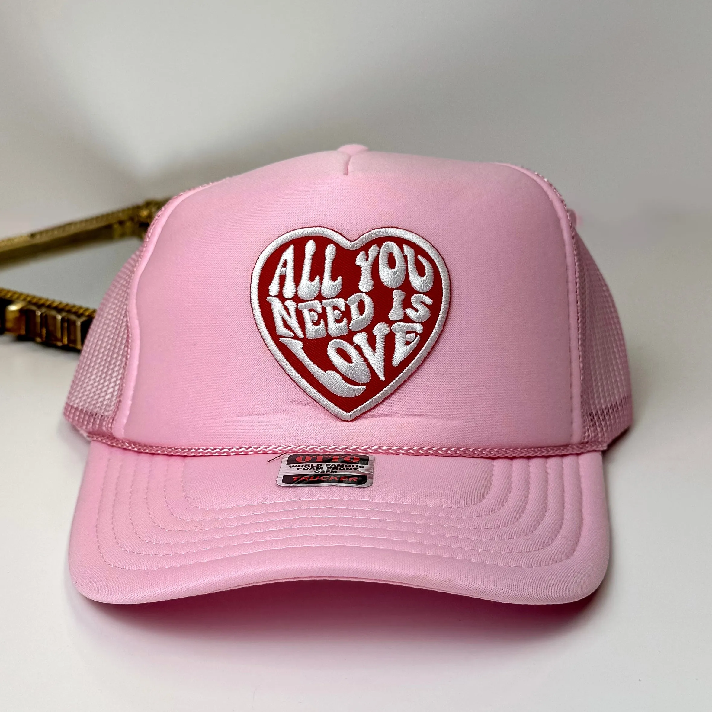 All You Need Is Love Heart Patch Foam Trucker Hat in Light Pink