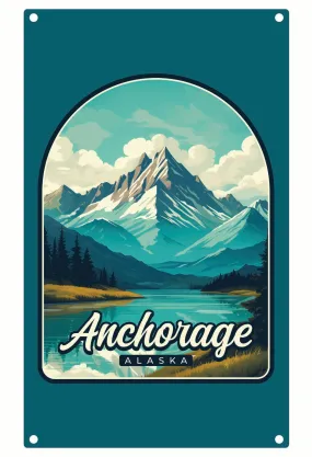 Anchorage Alaska Lake Mountain Design Souvenir Metal Sign 9 x 15