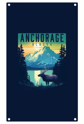 Anchorage Alaska Moose and Mountains Design Souvenir Metal Sign 9 x 15