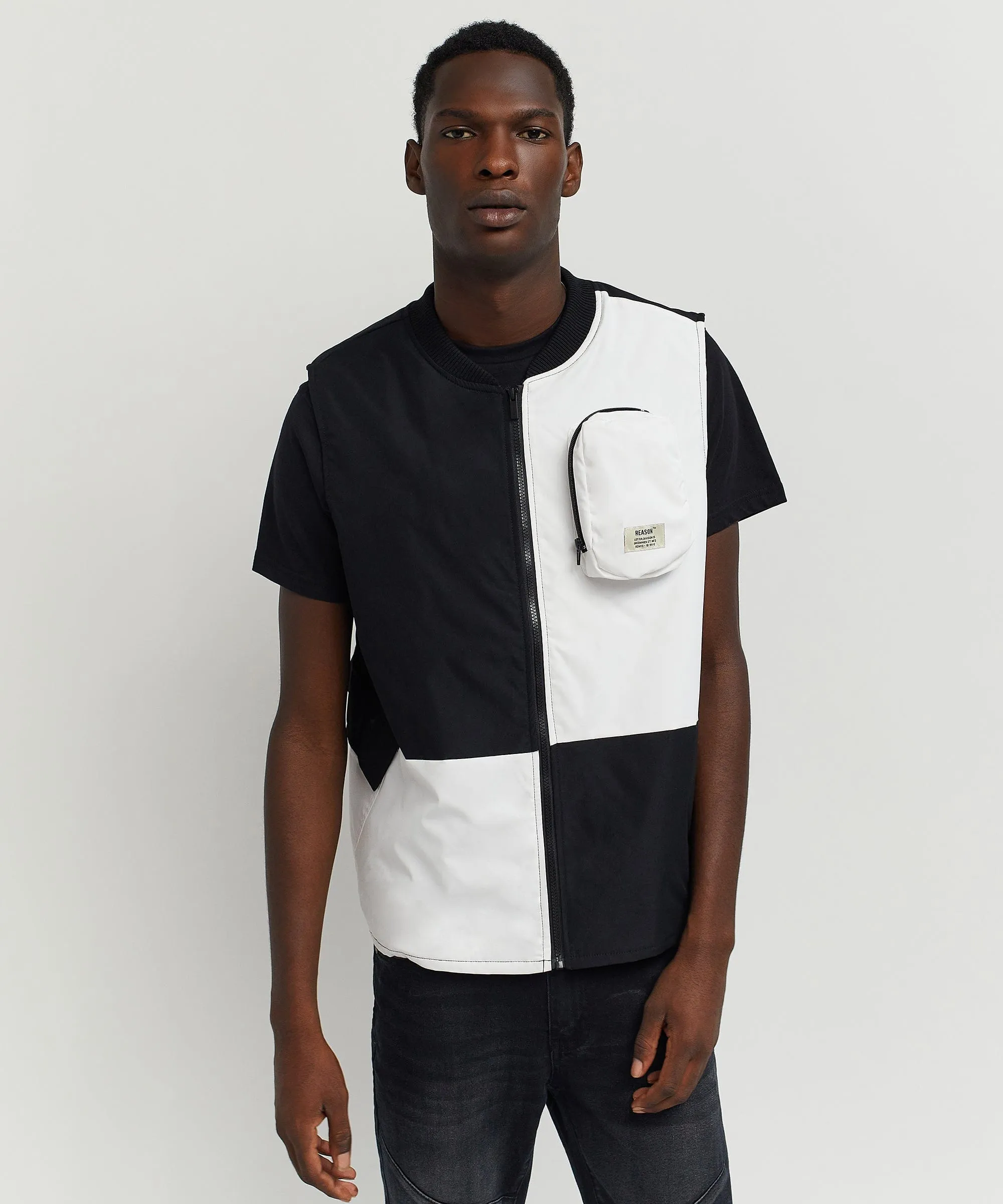 Bader Cotton Twill Color Block Utility Vest - Black&White