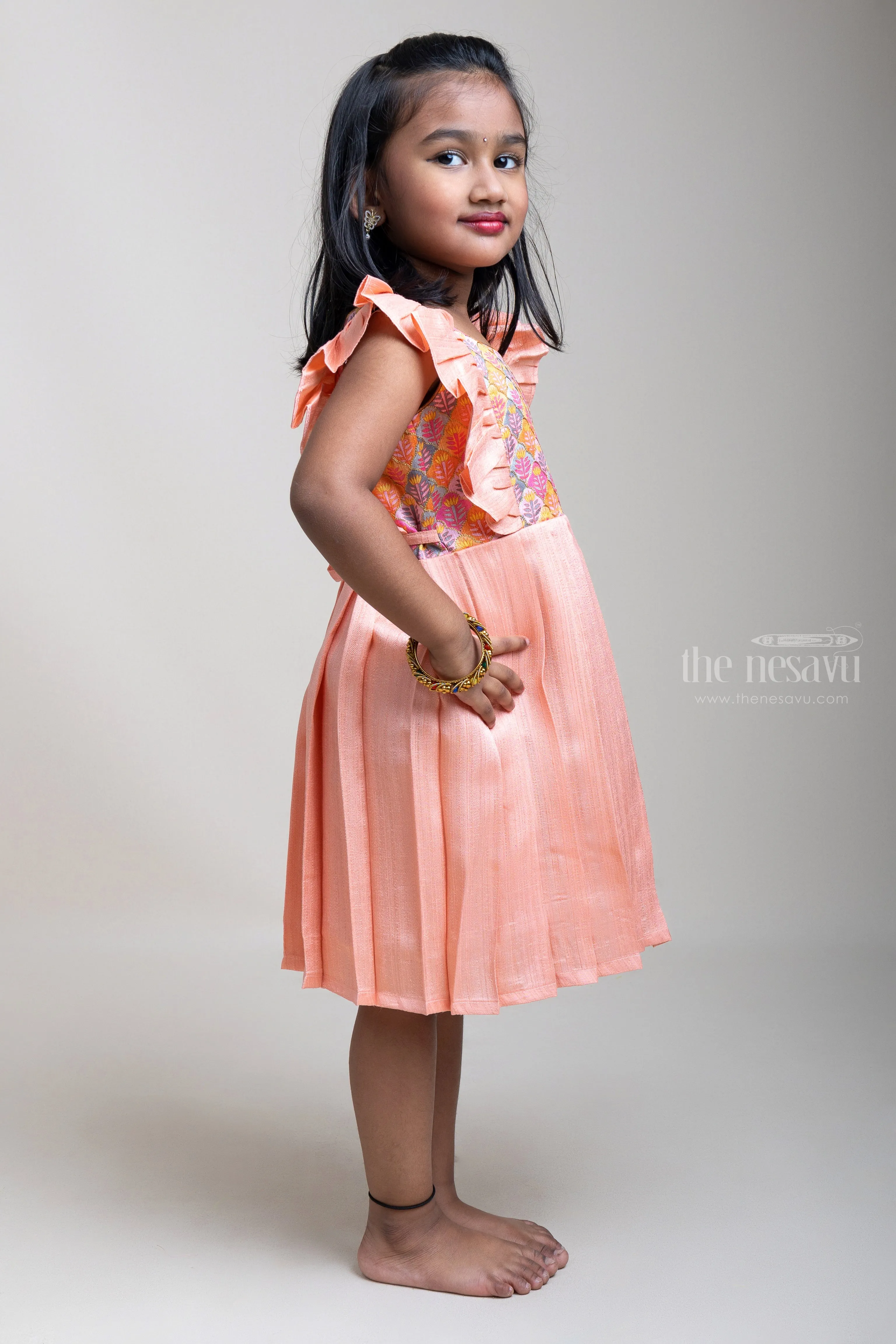 Beautiful Embroidered Ruffle Yoke Semi-Silk Frock For Girls