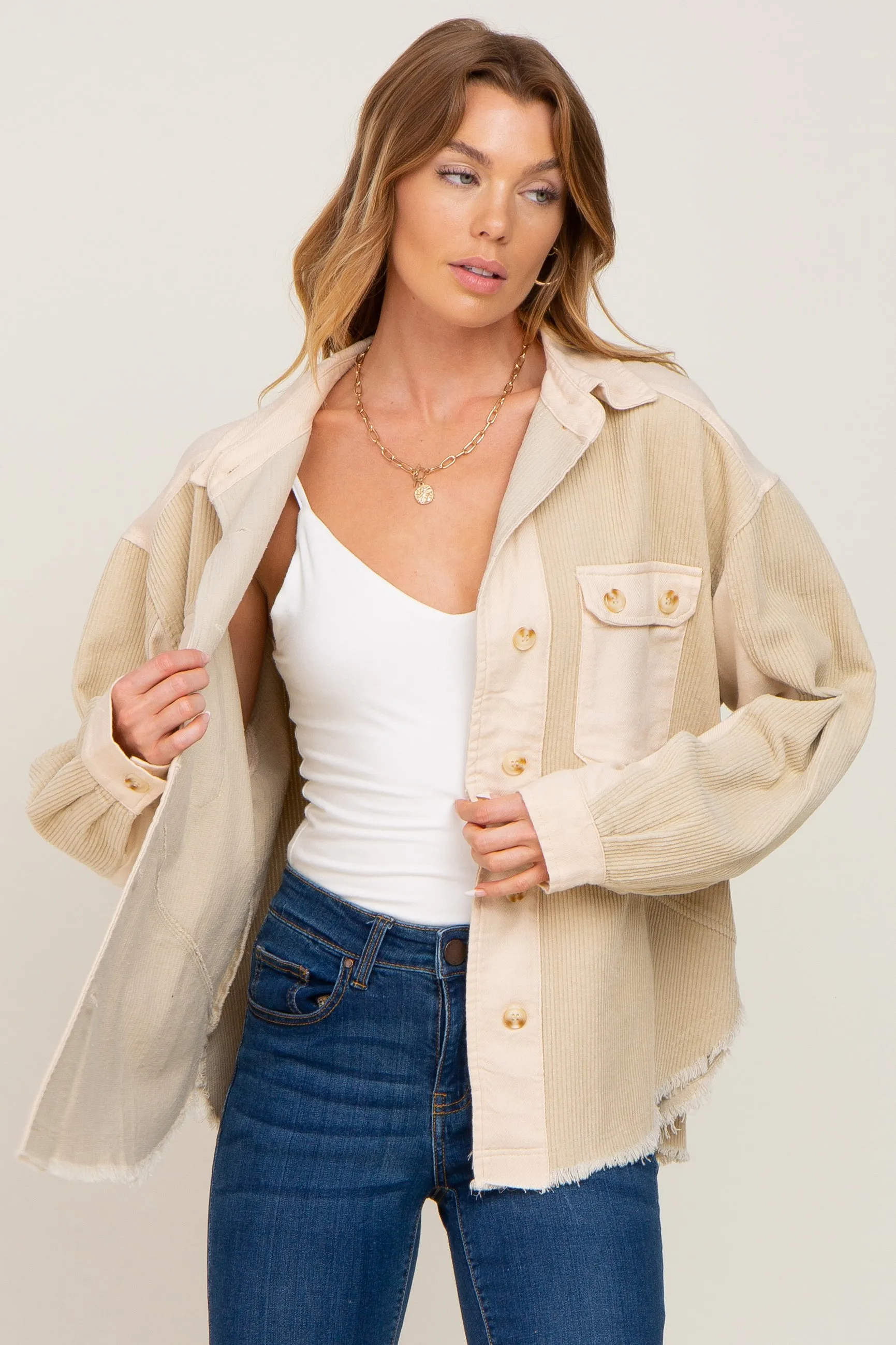 Beige Colorblock Corduroy Shacket