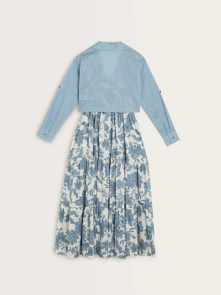 Bombay Paisley Dusty Blue Tiered Cotton Dress with Jacket