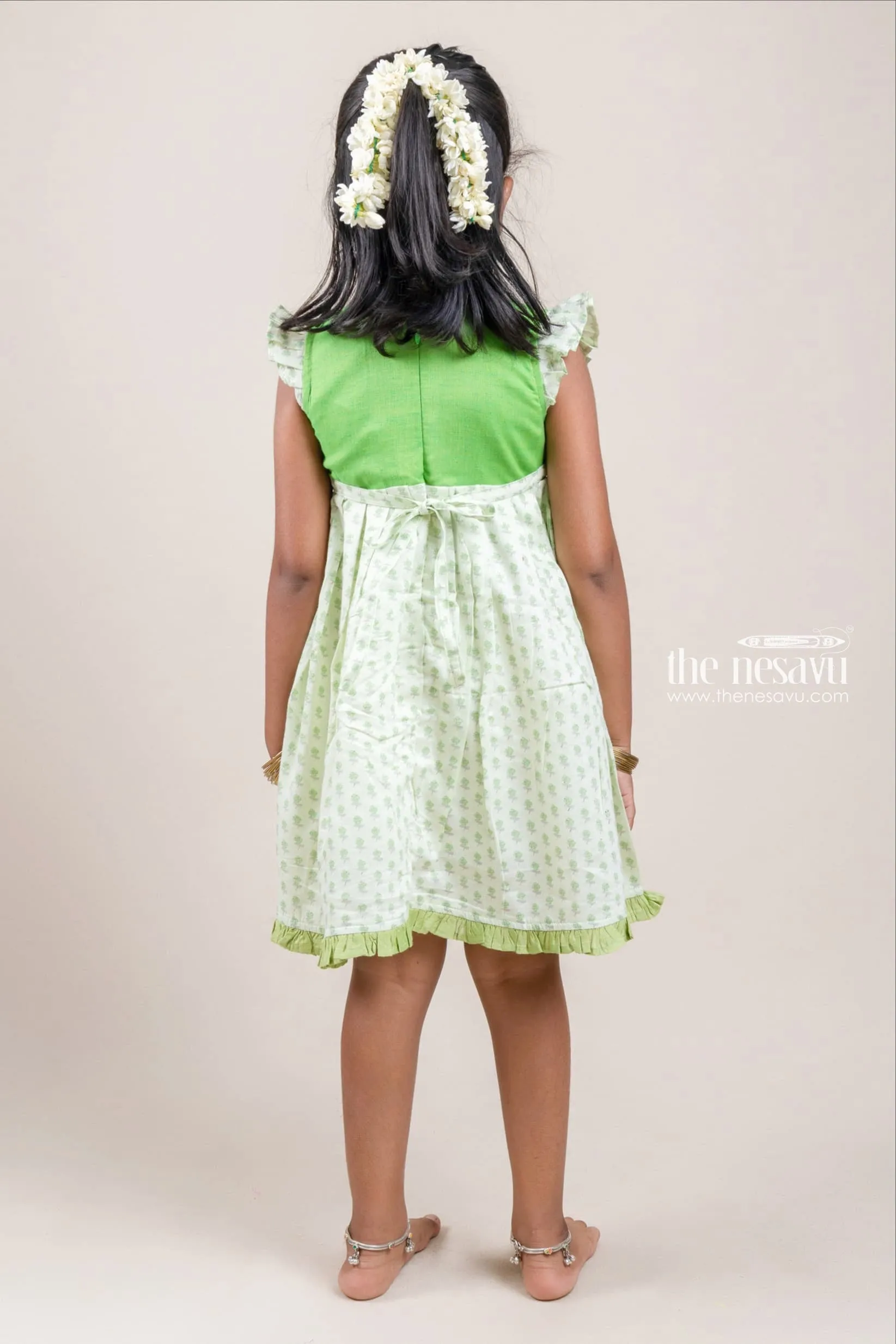 Charming Green Yoke And Small Butti Floral Printed Cotton Frock For Girls