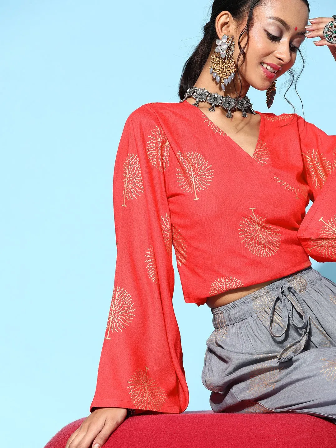 Coral Pink Crop Top With Cloud Gray Sharara Set