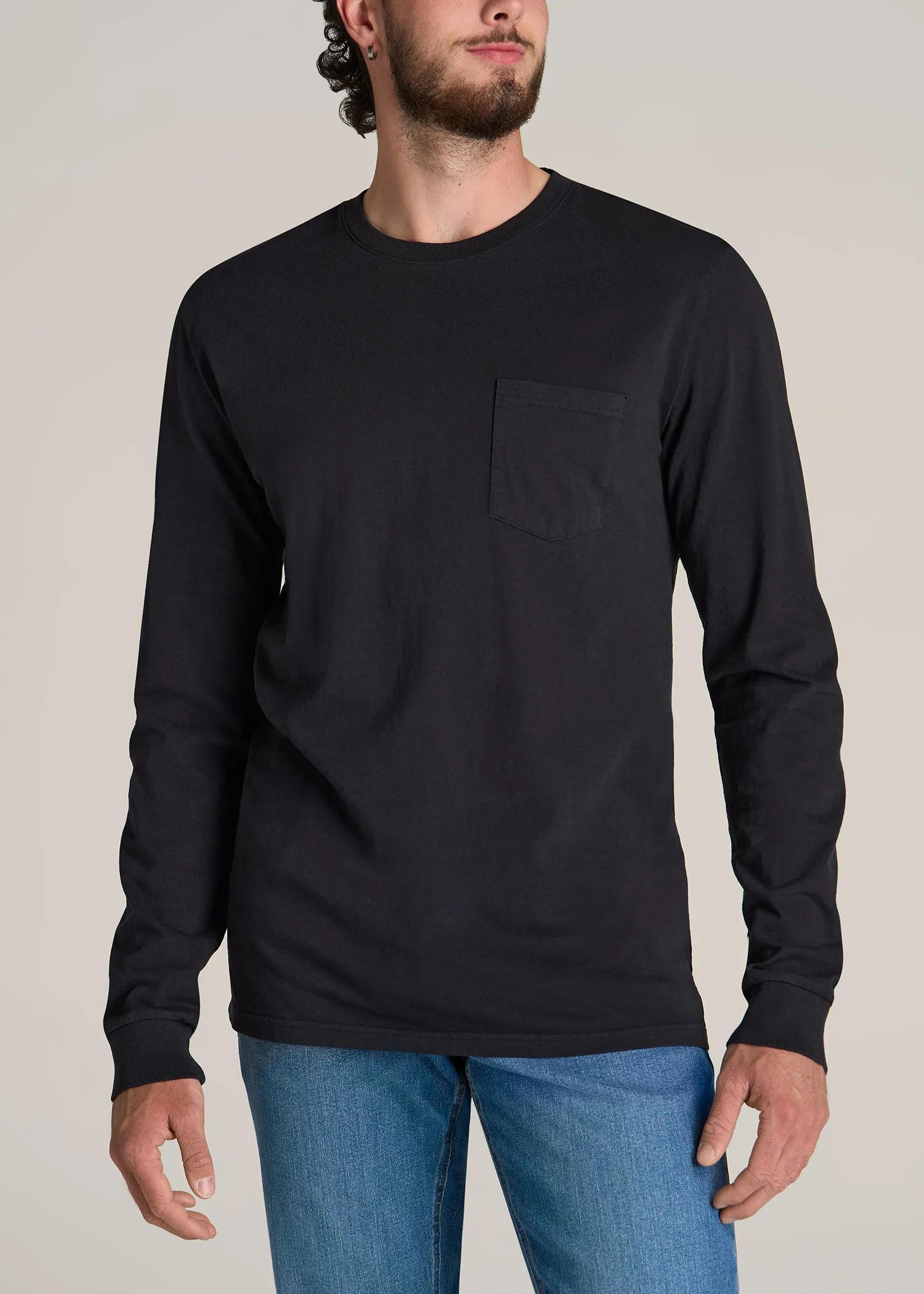 Garment Dyed Long Sleeve Pocket Tall Men's Tee in Black