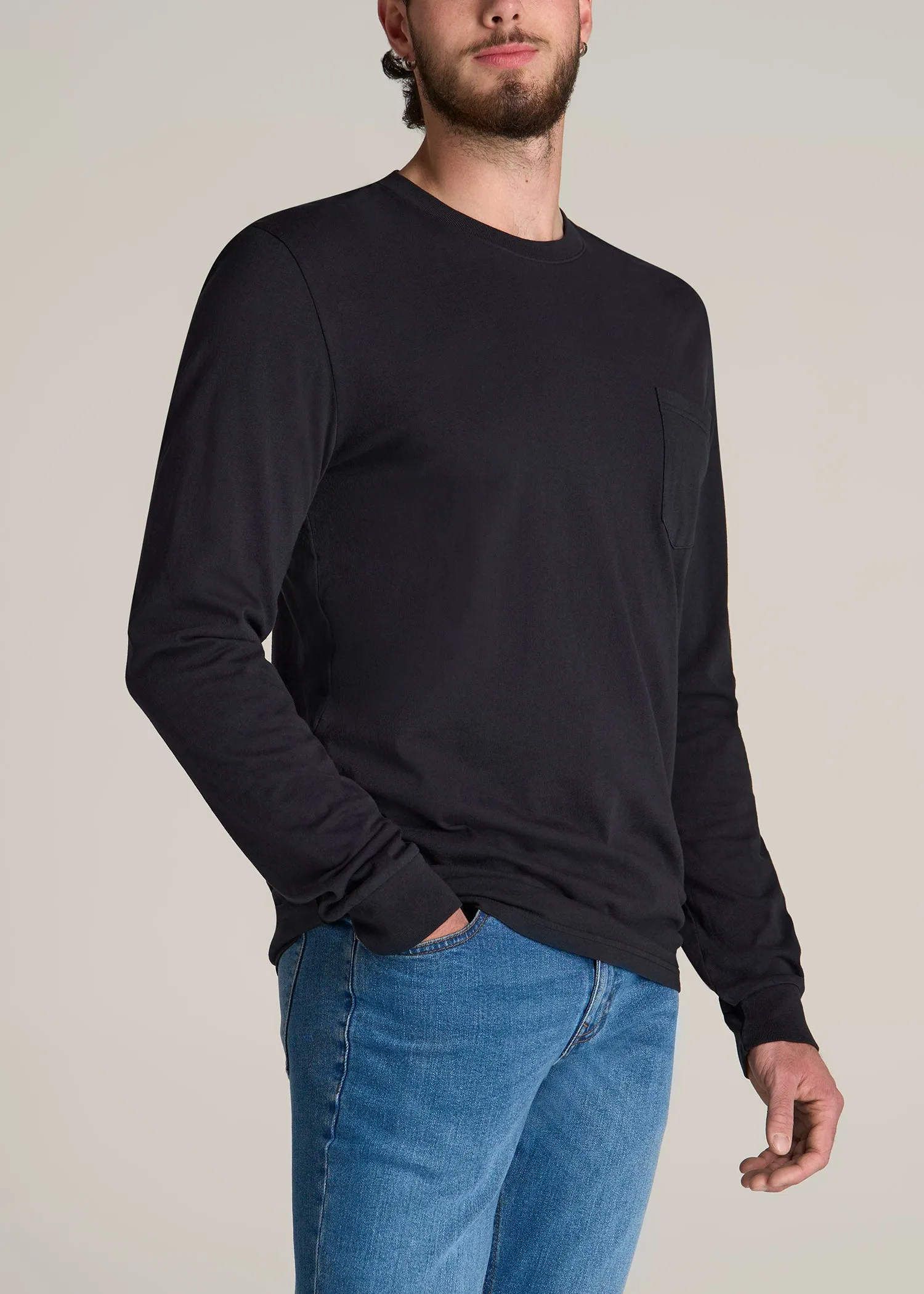 Garment Dyed Long Sleeve Pocket Tall Men's Tee in Black