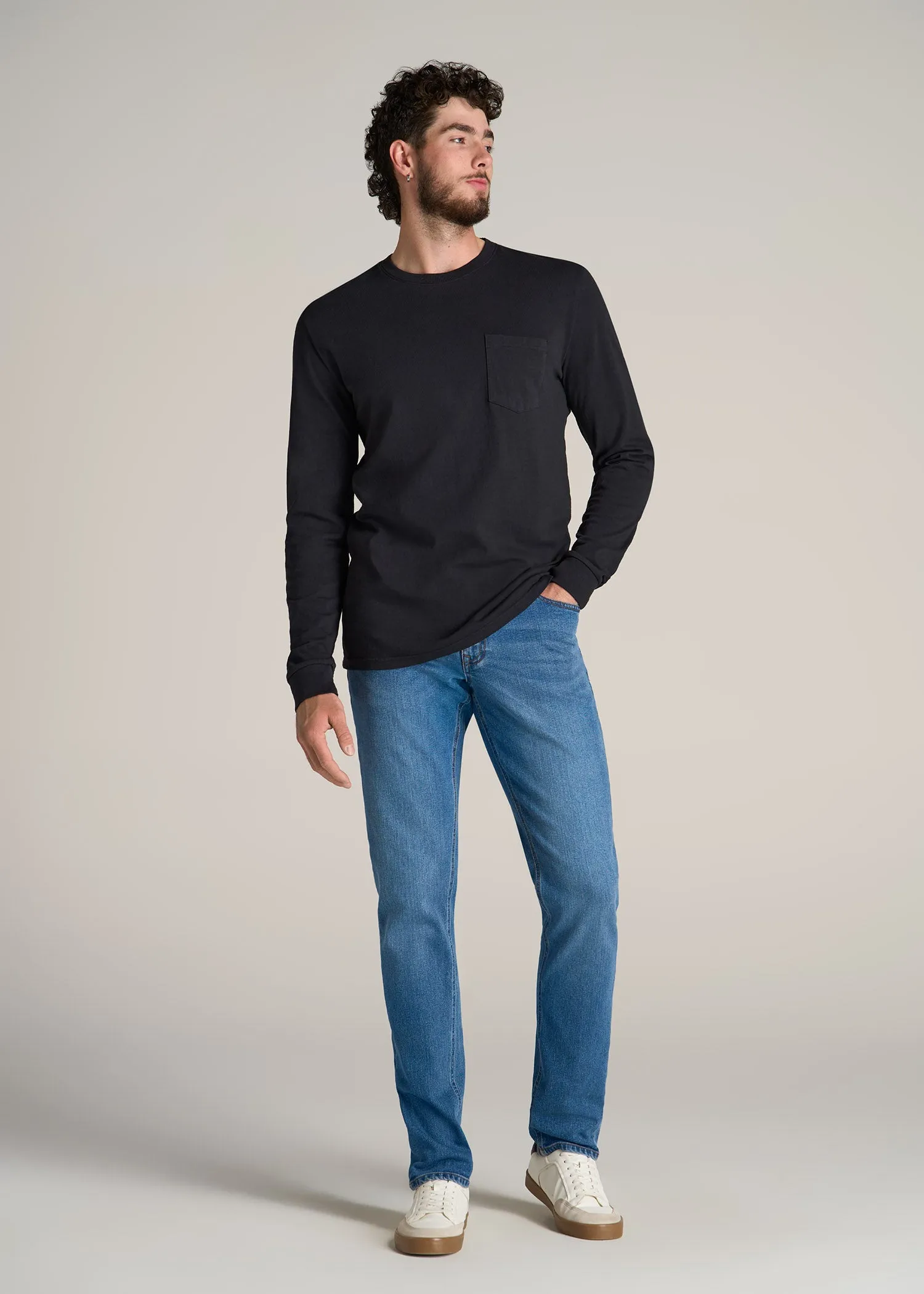 Garment Dyed Long Sleeve Pocket Tall Men's Tee in Black