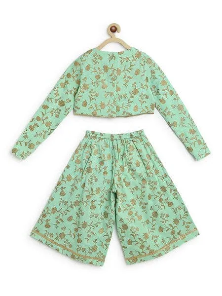 Girls Combo Co-ord Set And Bow Hairclip Gold Print- Green