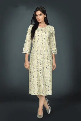 Green Lenin Cotton Stone and Print work Calf Length Kurti