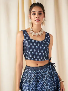 Indigo Booti Floral Sleeveless Crop Top