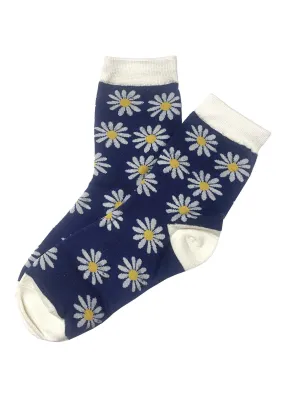 Navy Daisy Socks with White Tips