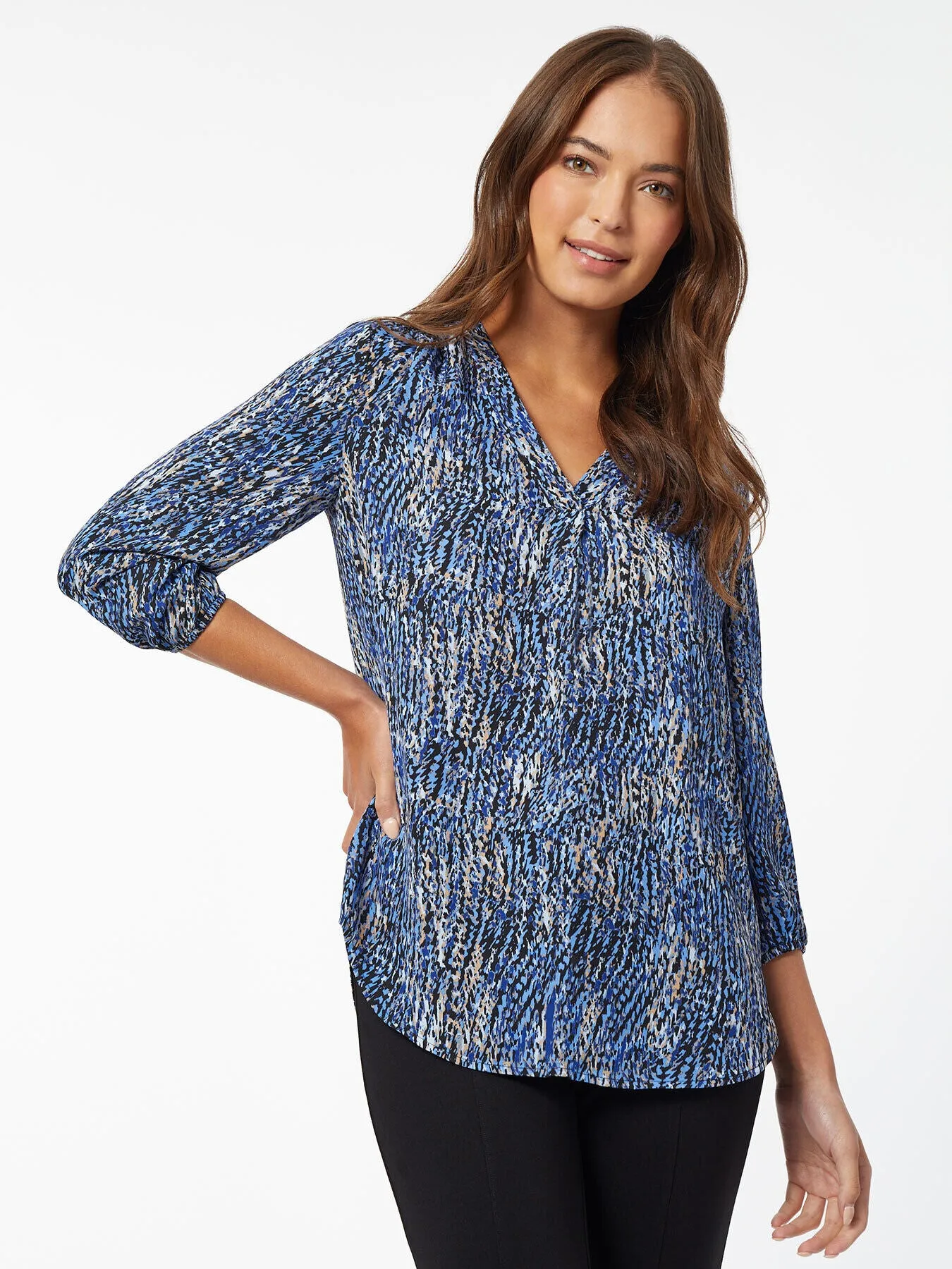 Printed V-Neck Pleated Kelly Blouse