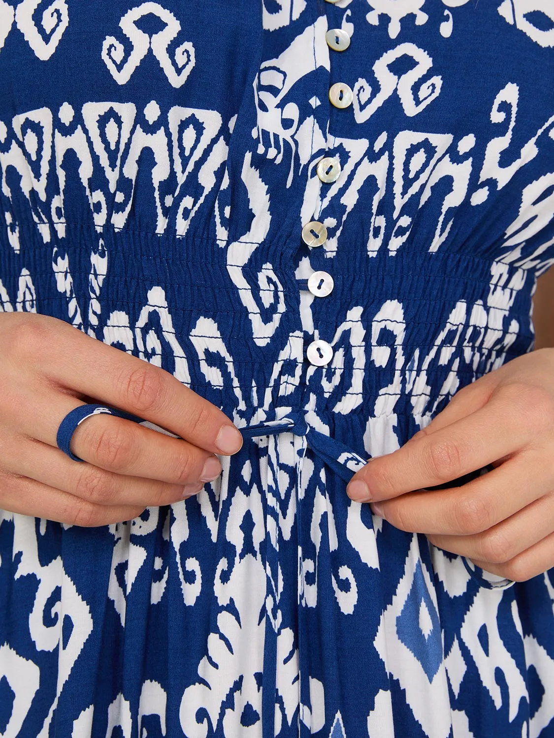 Short Sleeve Border Print Dress With Crochet Details