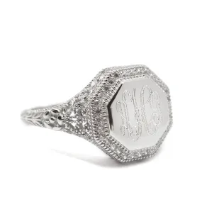 Sterling Silver Octagon CZ Filigree Monogram Ring