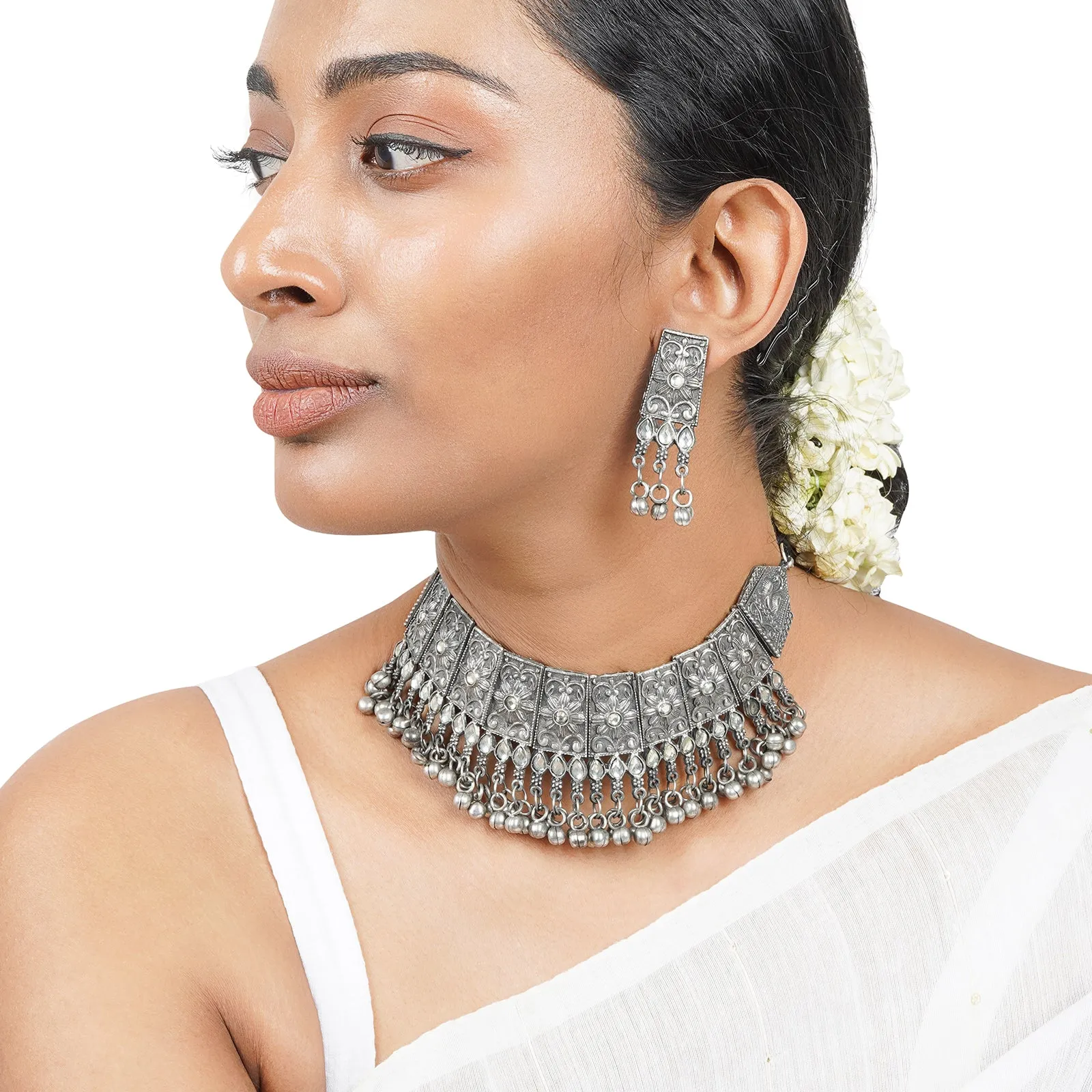 Teejh Aanchal Silver Oxidised Necklace Set