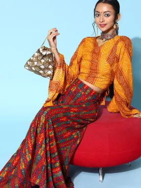 Yam Orange Bandhani Crop Top With Red Abstract Skirt Set